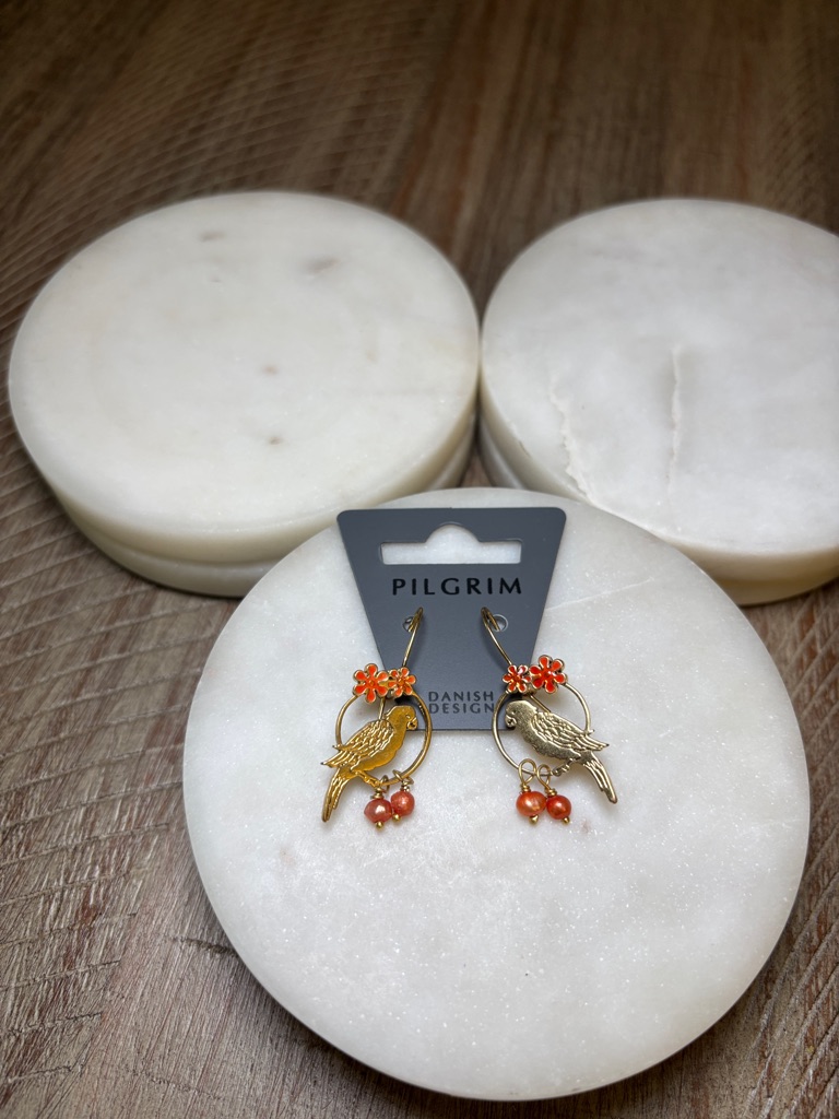 256 Pilgrim Gold Bird Hoop Earrings With Orange Flower And Coral Beads